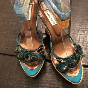 Charles David Turquoise Satin Woven Wedges